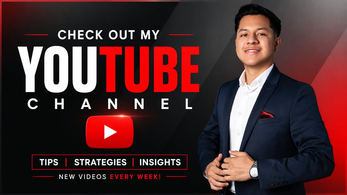 Professional man in dark blazer and white shirt smiling, with Check Out My YouTube Channel text, play button, and TIPS STRATEGIES INSIGHTS tagline on red and black background
